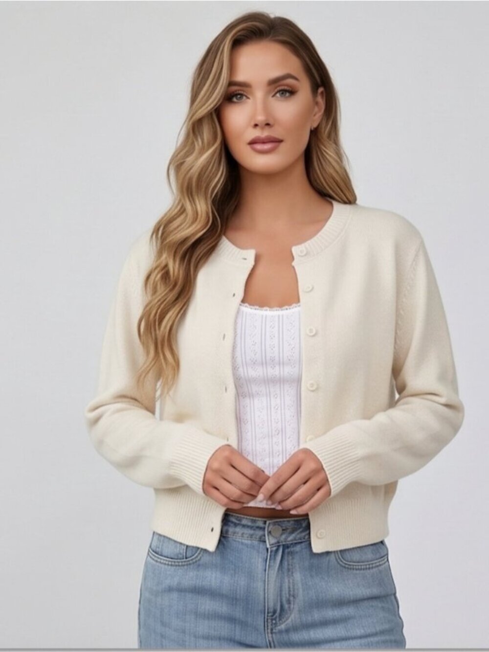 Chic Beige Button-Down Knit Cardigan | Long Sleeve Outerwear
